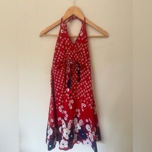 Vintage Red Halter Dress with Floral Pattern